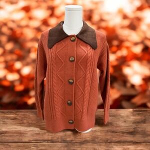 Burnt Orange Cable Knit Cardigan Contrast Collar Cottagecore Fall Cozy‎ Knitwear